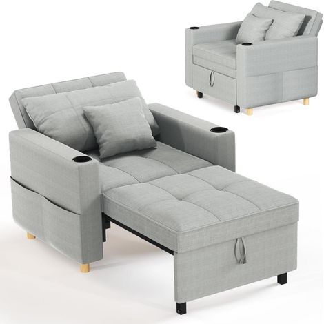 Schlafsofa 97cm Extrabreit mit Bettfunktion, verstellbarer Rückenlehne und Getränkehalter, Hellgrau (1/5)