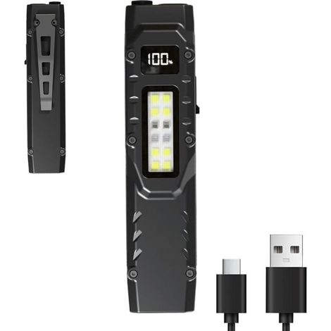 Lampe de poche fine – Lampe de travail portable rechargeable par USB, lampe de poche à affichage numérique avec clip, éclairage extérieur pour voyage