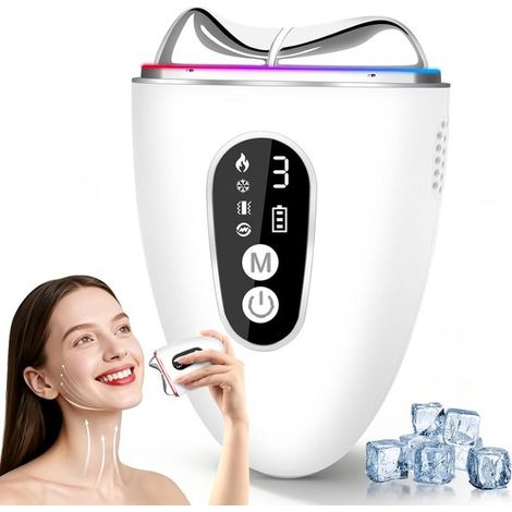 Massaggiatore facciale Gua Sha EMS con impostazioni di calore e freddo – 4 modalità, 3 colori LED per viso e collo