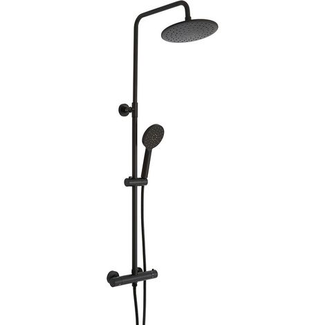 Milano Nero Round Thermostatic Bar Mixer Shower Valve with Fixed Rainfall Shower Head and Hand Shower Handset Kit - Black (1/5)