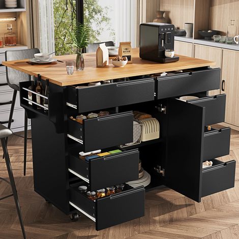 Buffet Cuisine,Armoire de Cuisineavec Roulettes et Plan de Travail,8 Tiroirs,Extensible,Roulettes Freinées,Noir