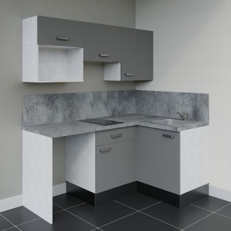 Kitchenette d'angle KA03L-PT avec plan de travail et évier - Façade Gris - Plan Gris béton - Evier Inox - Crédences Oui