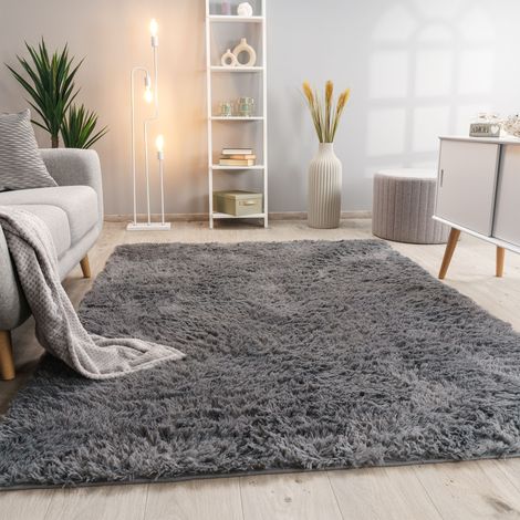 Paco Home Hochflor Teppich Wohnzimmer Fellteppich Kunstfell Shaggy Flauschig Grau 120x160 cm