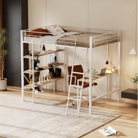 Cama alta 90x200 cm blanca de metal y MDF con escritorio, estantes y barandilla (1/5)
