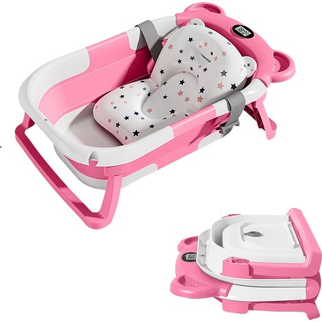 Bañera para bebé, diseño plegable, termómetro incorporado, rosa. (1/2)