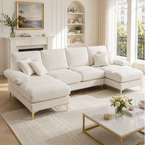 Sofá panorámico en U 272 x 136 x 88 cm, 2 posiciones relax, beige HAVRYA (1/5)