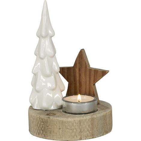 HGD Weihnachtsdeko Tannenbaum mit Stern Holz mit Teelichthalter Ø 11 x 17,5 cm natur/weiß