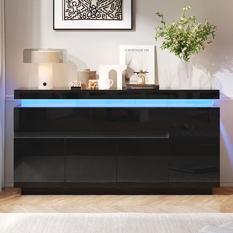 Muebles de salón de 140 x 35 x 72,5 cm, aparador, cómoda, aparador de 2 cajones, cómoda lacada de alto brillo, cómoda, mueble de almacenamiento de 4 puertas. (1/5)