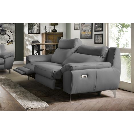 Canapé taille 3 places avec 2 relax en 100% tout cuir épais de luxe italien avec 2 relax électriques, PERINI, gris (1/5)