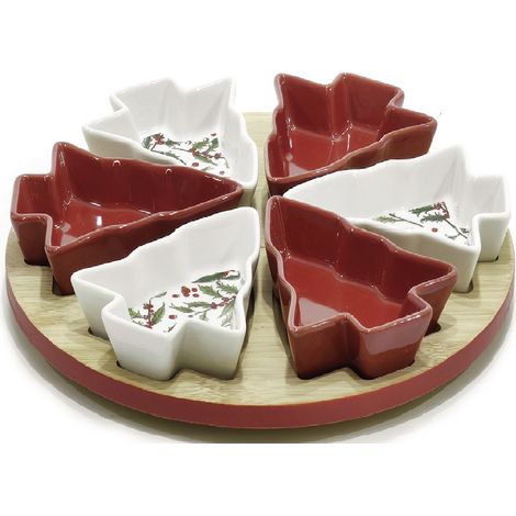 Antipastiera Natalizia 6 Posti con Ciotole in Ceramica a Forma di Albero di Natale  Base Girevole in Legno di Bambù Ø27 Snack, Olive, Formaggi e Salse