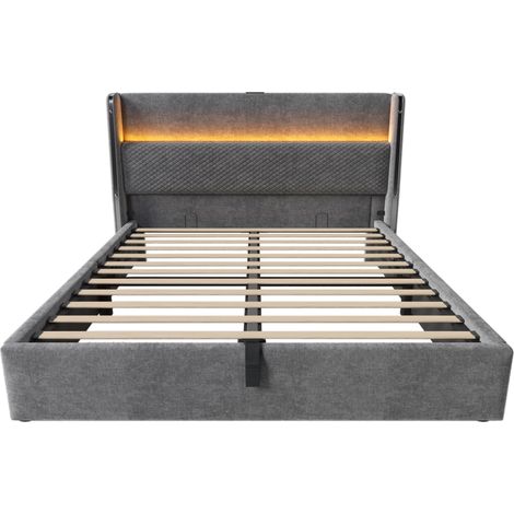 Cama canapé hidráulica 140 x 200 cm gris con cabecero alto, LED, USB-C y colchón (1/5)