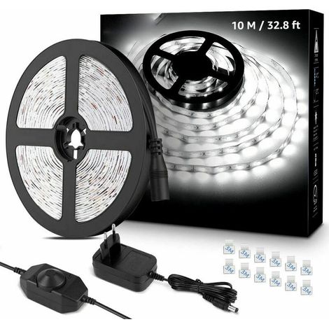 Barra de luz LED de 10 m, 600 LED SMD 2835, blanco frío 6000 K, 16 W, 2300 lm, para muebles, escaleras, dormitorio y cocina (2 rollos de 5 metros)
