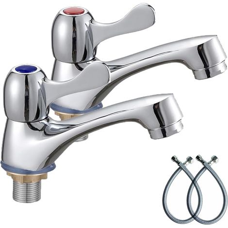 Lot de 2 robinets piliers traditionnels pour lavabo de salle de bain - Deux robinets d'évier d'eau chaude et froide - Chrome poli (1/5)
