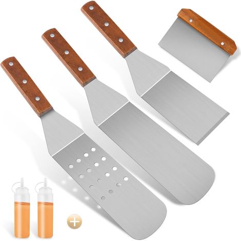 Spatule pour Barbecue, Inox Spatule Plancha 4 Pcs  avec 2 Bouteilles à Presser, Accessoire Ustensiles pour Plaque de Cuisson Grill Dessus Plat (1/5)