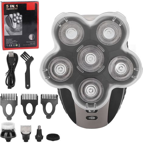 Kit de rasage 5-en-1 étanche pour hommes chauves : tondeuse électrique à 6 têtes rotatives, usage sec et humide. (1/5)