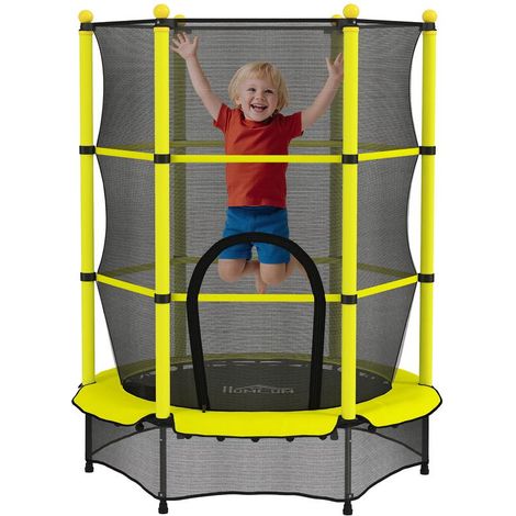 Trampoline enfant jaune 140 cm avec filet de sécurité, capacité 50 kg, pour 3 à 10 ans, intérieur et extérieur