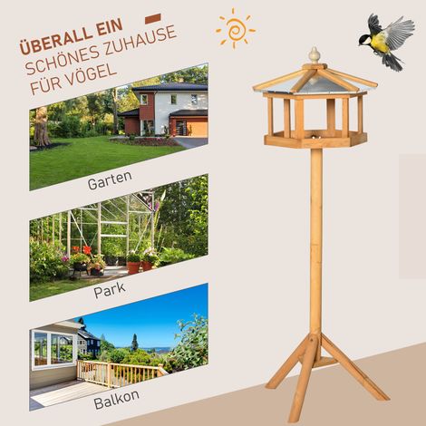 Mangeoire à oiseaux en bois avec toit en zinc, résistante aux intempéries, 113x40x40 cm, nichoir suspendu sur pied pour jardin et terrasse (1/5)