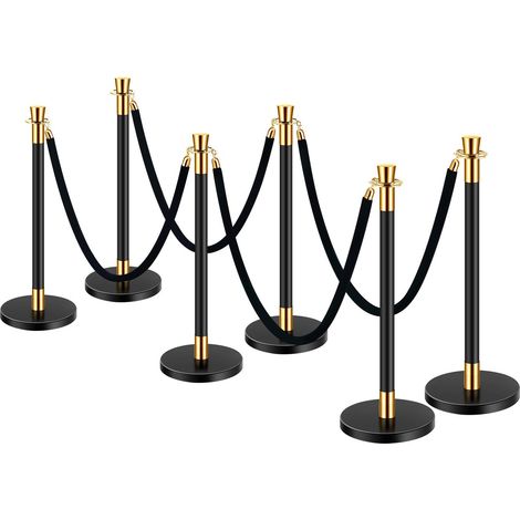 Poteau de guidage, lot de 6 barrières de contrôle des foules avec 4 cordons en velours noir, poteau de guidage de 1,5 m en acier inoxydable avec base creuse remplie de sable pour théâtre, fête, mariag (1/5)