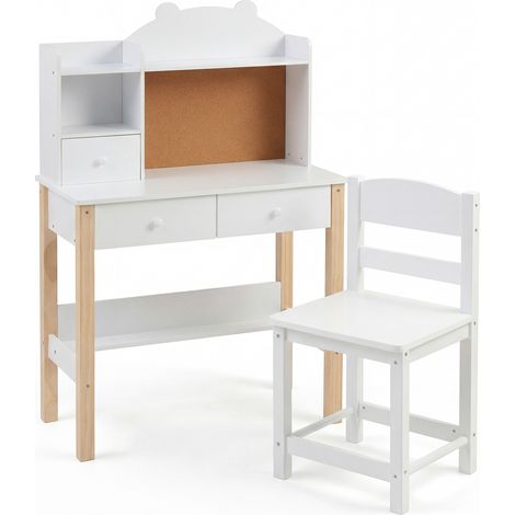 COSTWAY Kids Study Desk and Chair Set with Hutch Drawers and Bulletin Board White (1/5)