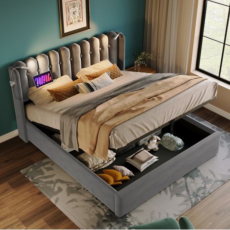 Letto matrimoniale 160x200 cm grigio in velluto con contenitore, luci da lettura e porte USB (1/5)