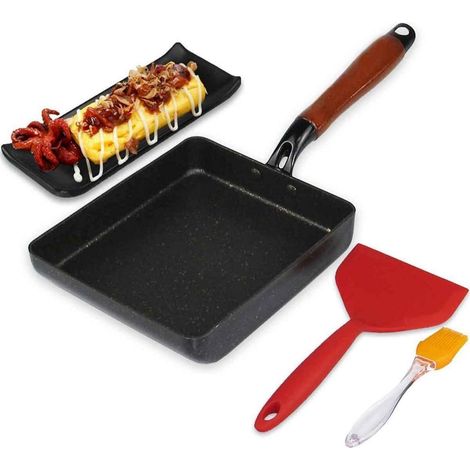 Poêle à omelette japonaise rectangulaire avec spatule et pinceau en silicone (1/5)