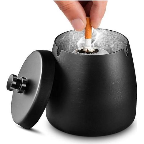 Cendrier Coupe Vent D'extérieur, Cendrier en Céramique Noire etc, Cendrier Rétro avec Couvercle pour La Décoration La Maison(Noir) (1/5)