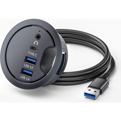 Hub de bureau encastré USB 3.0, 2 ports USB 3.0 / 1 port USB C port hub trou de douille 60 mm avec port audio 3,5 mm (1/5)