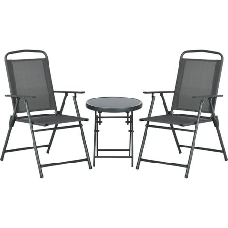 Salon de Jardin Bistro 3 Pièces Table Basse Ronde Verre Trempé et 2 Chaises Pliantes Métal Anthracite Mobilier Extérieur Balcon Terrasse Compact Résistant aux Intempéries Gain de Place Anthracite (1/5)