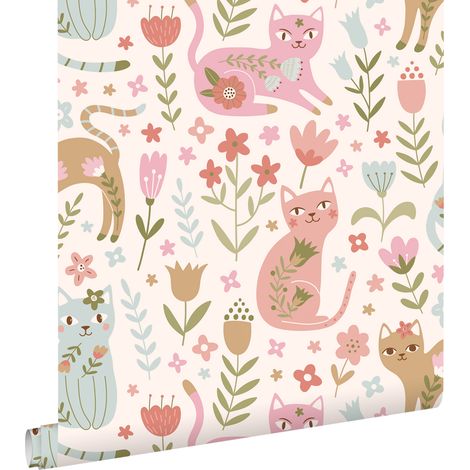 papier peint chatons rose, bleu, violet et vert  - ESTAhome