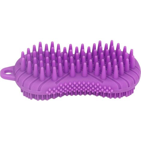Gant de douche exfoliant double face en silicone violet, avec manche ergonomique, brosse de massage corporel douce pour peau et poils (1/5)