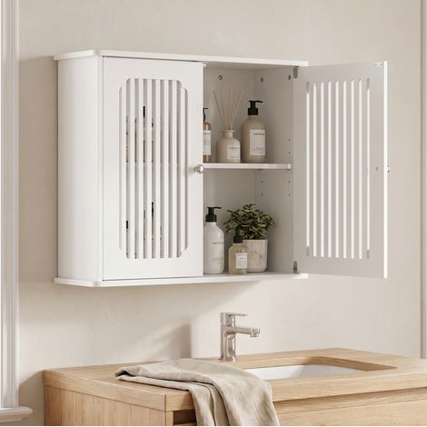 Armoire murale de salle de bain 60x20x52 cm MDF blanc, 2 portes à lamelles gain de place – MEUBLIV (1/5)