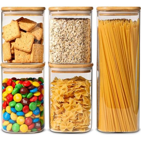 Lot de 5 bocaux de conservation - Verre borosilicate résistant aux températures - Fermeture hermétique - Convient pour le café/les friandises pour chiens - Couvercle en bambou - Bocaux de conservation (1/5)