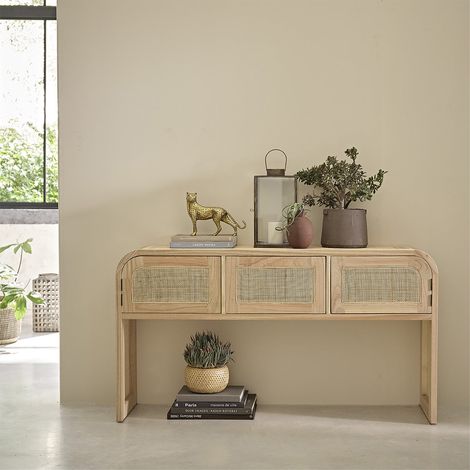 Console en mindi massif et cannage 140 cm