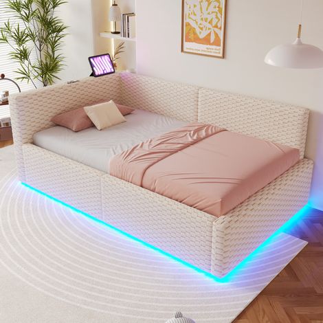 letto letto 90x200 contenitore con LED beige OKMYHOME