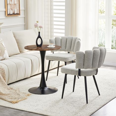 Ensemble Table Ronde 60 cm et 2 Chaises Salle à Manger Coin Repas Compact Dossier Pétale Gris Clair MDF et Pieds Métal Noir (1/5)