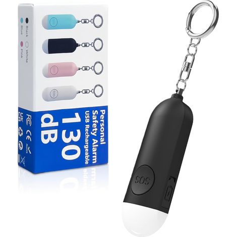 Alarme Personnelle, 130DB Lampe de Poche, Porte Cle Alarme Portative, Rechargeables Alarmes de Sécurité d'urgence avec Lumières LED, pour Les Enfants, Femmes et Personnes âgées - Noir (1/5)