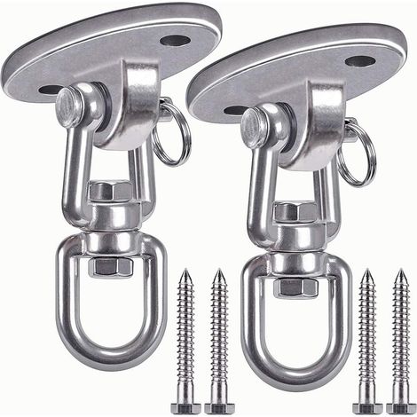 Kit di sospensione composto da 2 ganci da soffitto in acciaio inox girevoli a 360°, capacità di 500 kg, per appendere una lampada, un'amaca, un sacco da boxe e una cinghia da allenamento.