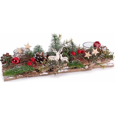 Centrotavola innevato di Natale con 2 vasetti portacandela tealight, base rametti, aghi di pino, set da 2 pezzi, cm 40 x 12 x 13 H