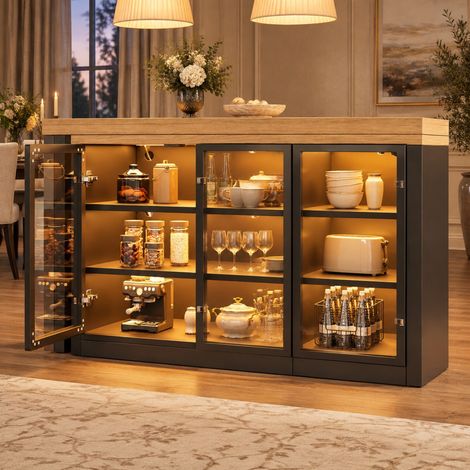 Mesa extensible con mueble de almacenaje, giratoria 360°, MDF y vidrio, negra OKMYHOME (1/5)