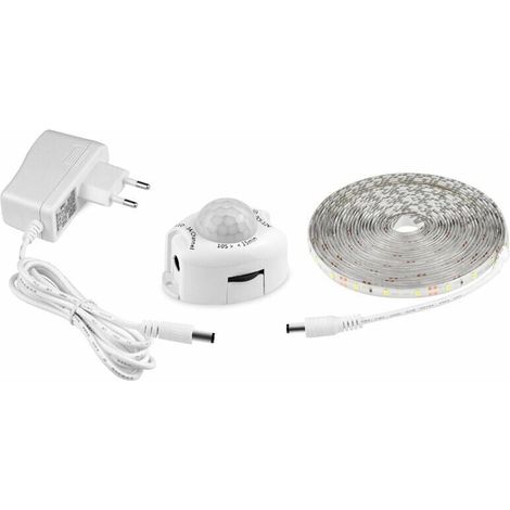 Ruban Led Avec Détecteur De Mouvements, Bande Led Flexible Autocollante,étanche IP65 Avec Alimentation 12V Barre Lumineuse Pour Chambres, Salons, Cuisines, Armoires Et Décoration (5M, blanc) (1/5)