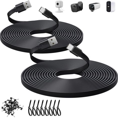 Lot de 2 câbles Plats USB-C de 3 m, câble d'alimentation et de Chargement USB-C pour Blink Mini 2/Outdoor 4, Ring Pan-Tilt Indoor Cam, eufy Cam S3 Pro, SoloCam S340/S350/S220/C210 et Autres - Noir (1/5)