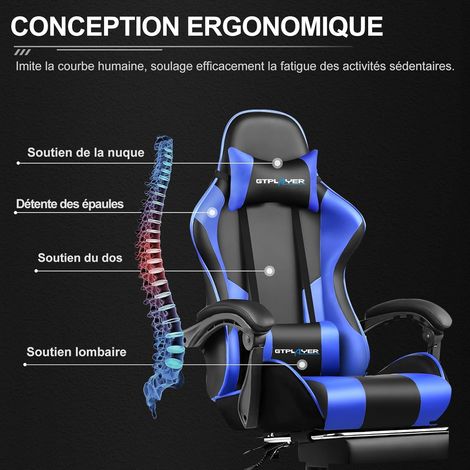 Chaise Gaming Ergonomique, Fauteuil Gamer, Chaise Bureau, Chaise de Gaming avec Dossier réglable à 135°, Hauteur Réglablerepose-Pieds rétractables, Siege, Simili Cuir Bleu