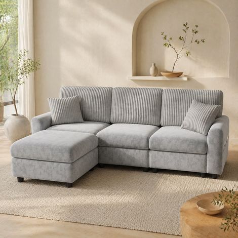 Sofá moderno 223x146x84 cm gris con puff, 2 cojines, USB y Type-C en chenilla y pana ancha (1/5)