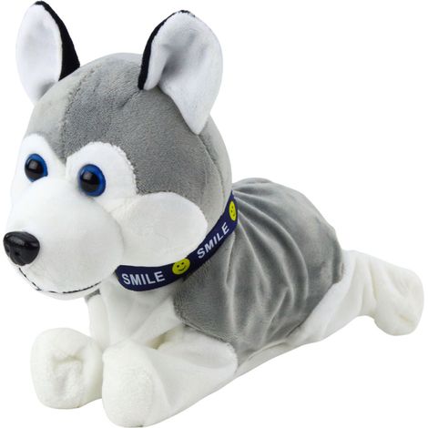 Perro de peluche interactivo tipo husky que funciona con pilas, se mueve y emite sonidos. (1/2)