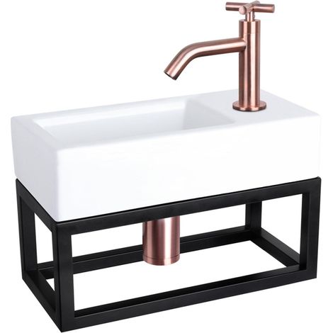 Differnz Ravo Set lave-mains 38.5x18.5x25cm 1 trou avec robinet courbé poignée croix et siphon + bonde cuivre rose Rectangulaire Céramique Blanc (1/5)
