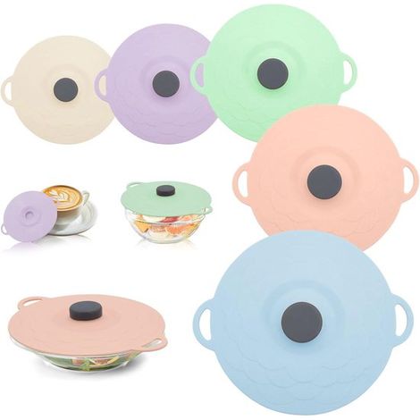 Allecta, Tapas reutilizables de silicona con ventosa para cocina, Juego de 5, Resistentes al calor, A prueba de polvo, 5 tamaños y colores (1/5)