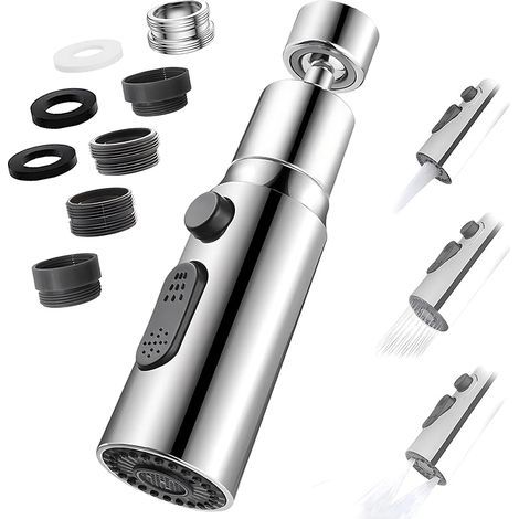 Aérateur de Robinet, 360° Pivotant Embout Robinet Cuisine avec 3 Modes Douchette Mousseur Robinet Economie Eau, Adaptateur Economiseur D'eau Pour Robinet Salle De Bain lavabo (Argent) (1/5)