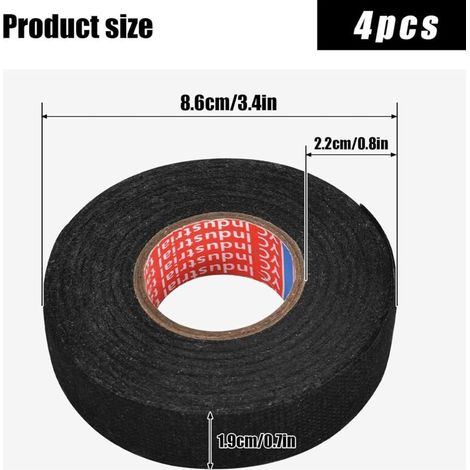 Lot de 4 Rubans de Câblage de 19 mm x 15 m en Tissu, Ruban Adhésif Isolant électrique, Rubans Adhésifs Noir pour Voiture, Résistant à la Chaleur, Anti-âge (1/3)