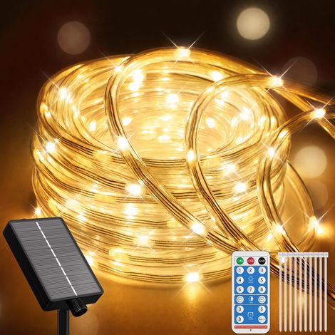 Guirlande lumineuse solaire - 10 m - Étanche IP67 - 8 modes - Intensité variable - Télécommande - Minuterie - Blanc chaud - Pour l'intérieur et l'extérieur - Fête - Mariage - Noël (1/5)