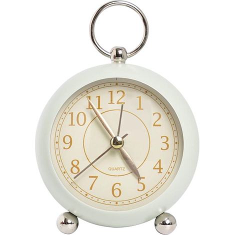 Quarz-Analogwecker mit sanftem Nachtlicht, batteriebetrieben, schlichtes rundes Metalldesign für Regal, Schlafzimmer oder Wohnzimmer, grüne Farbe.